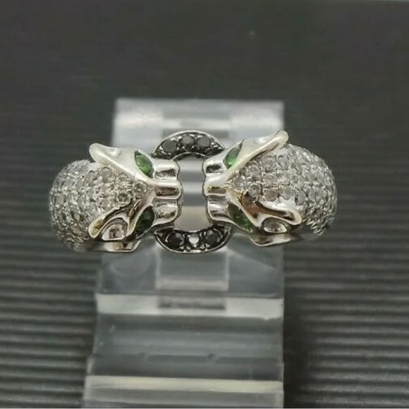 18K WHITE SOLID GOLD LADIES PANTHER DIAMOND and EMERALD RING - Picture 7 of 13